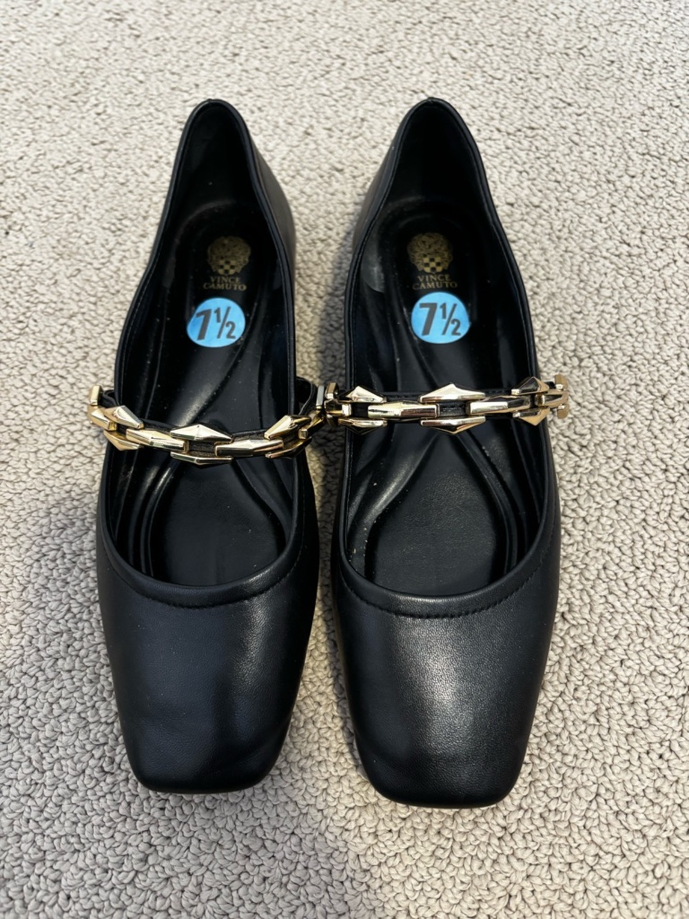 Vince Camuto Black Ballet Flats with Gold Chain Detail